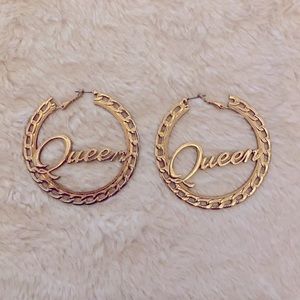 Gold “Queen” hoop earrings